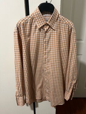 Brioni Orange and White Checked Button-Down Shirt
